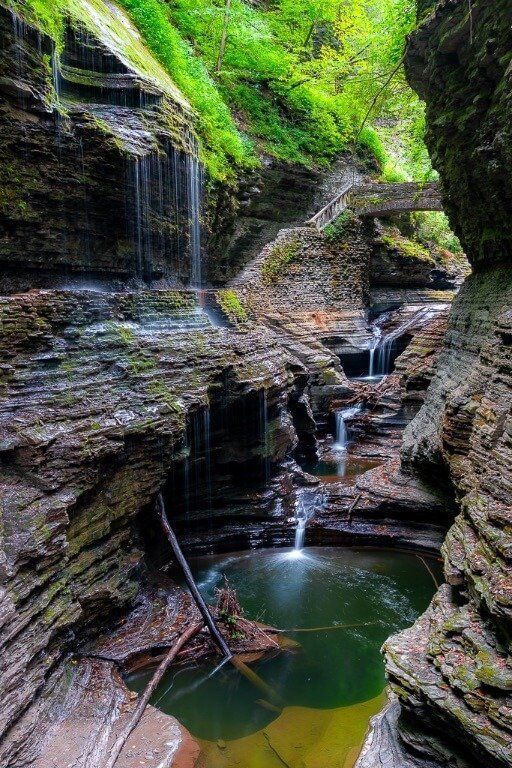 Rainbow Falls lush green vegetation in summer at beautiful Watkins Glen State park finger lakes New York mind blowing scenery and rock features