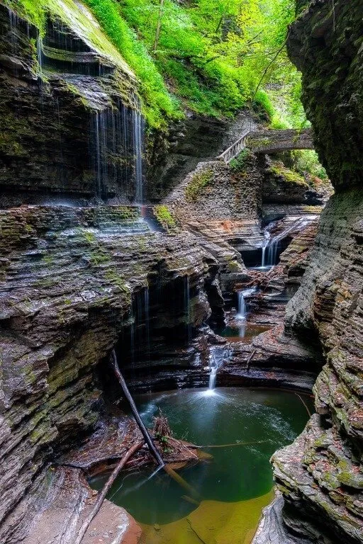 Rainbow Falls vehreä kasvillisuus kesällä kauniissa Watkins Glen State Parkissa finger lakes New Yorkin mielensäpahoittavat maisemat ja rock-piirteet