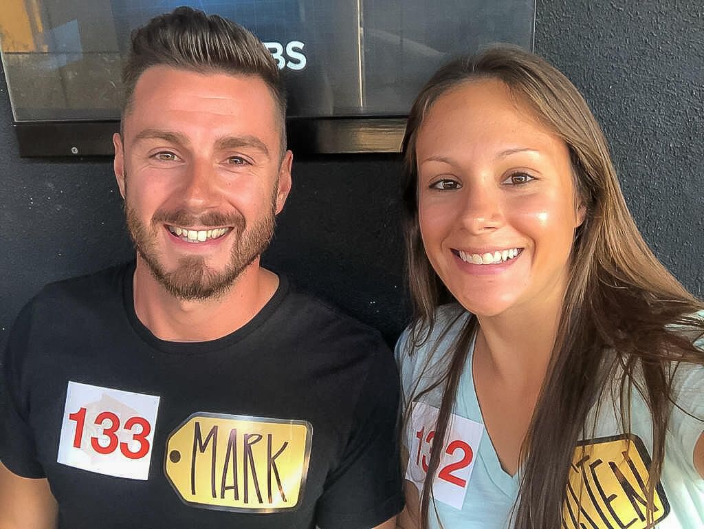 Mark and Kristen Morgan waiting in line to go in the audience of Price is Right gameshow things to do in Los Angeles California