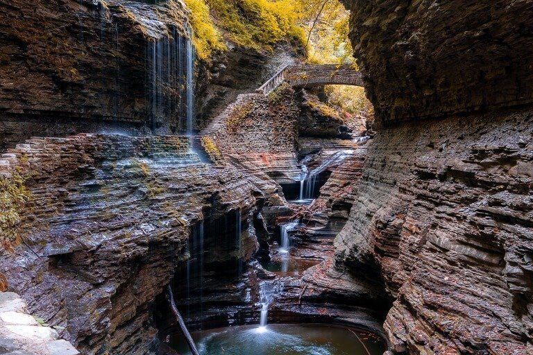 Watkins Glen gorge trail with cascading pools in the fall