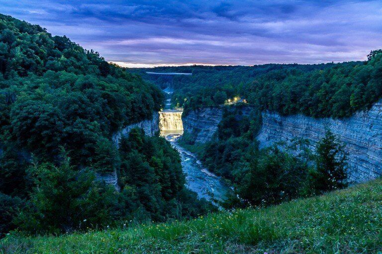 Waterfall at night in Letchworth State Park near Rochester NY