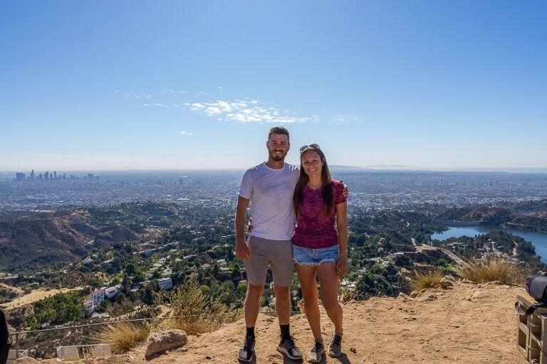 Mark and Kristen very sweaty at the top of Mt Lee hiking to Hollywood sign in 90 degrees LA heat