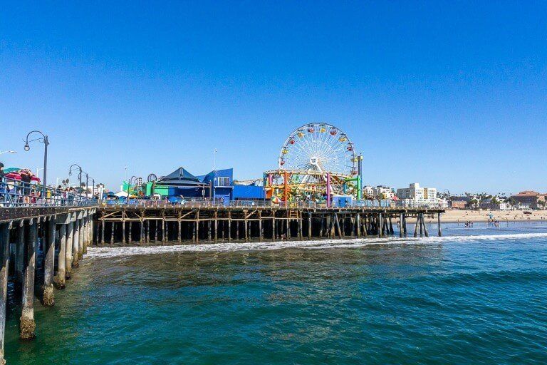 Santa Monica Pier with clear blue sky in LA