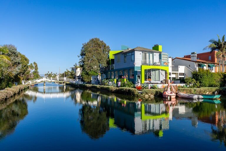 Venice Beach in Los Angeles California has little known canals with houses reflecting just a few minutes walk from the beach