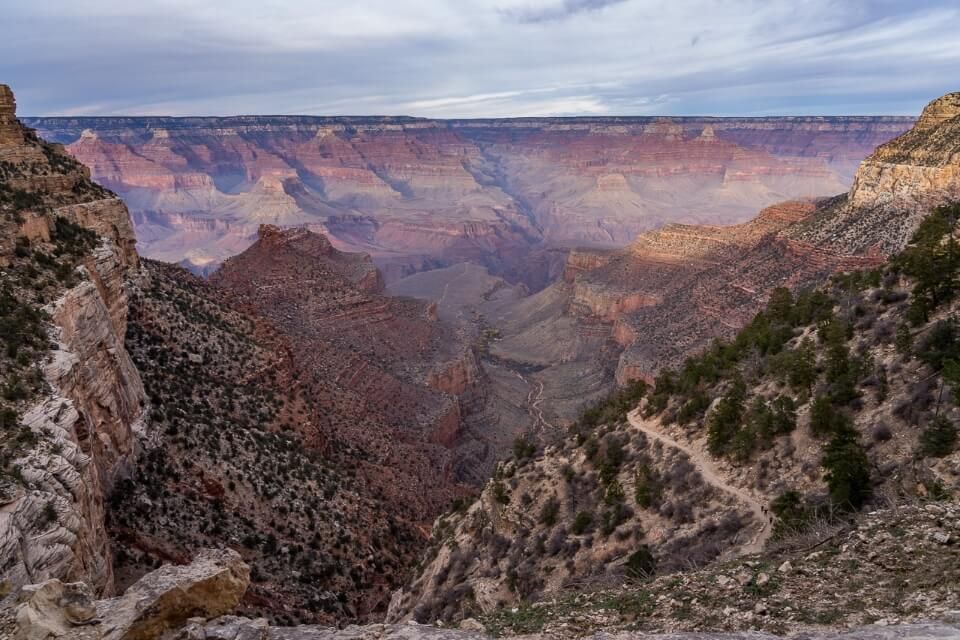 Bright Angel hiking trail from the trailhead incredible view on a cloudy afternoon in arizona