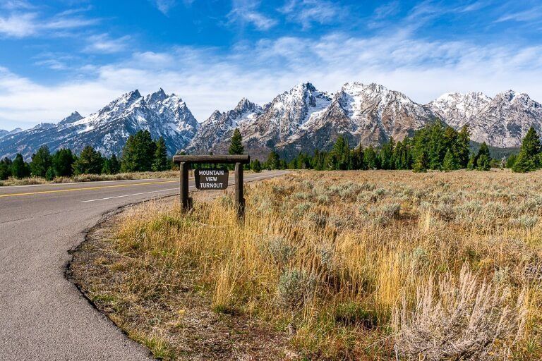 Grand Teton mountain range from a lookout on loop 2 day road road trip itinerary