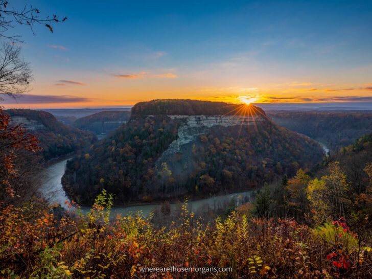 Spectacularly beautiful sunrise over Great Bend in Letchworth State Park NY with colorful Fall foliage Where Are Those Morgans