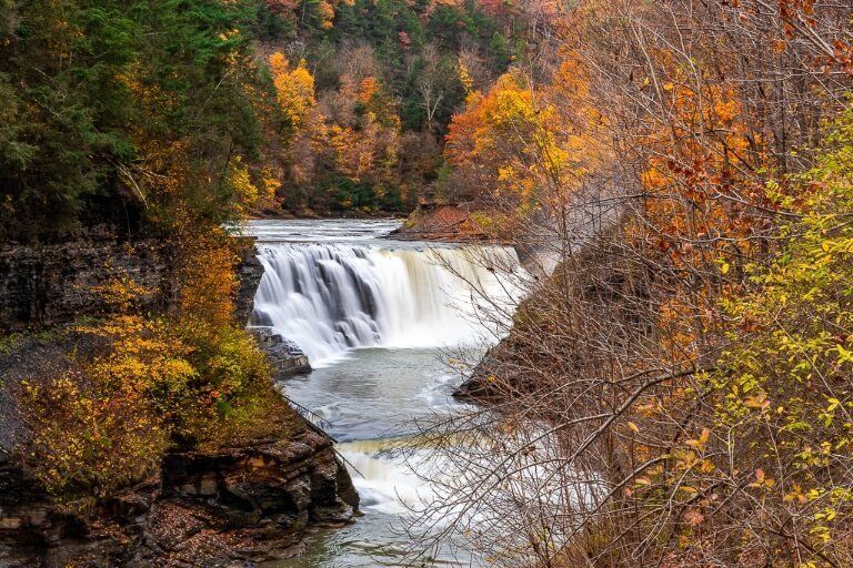Lower Falls at Letchworth State Park Western New York in Fall with beautiful foliage