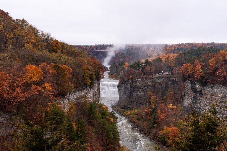 Middle and Upper Falls with beautiful gorge in fall spectacular colors new york
