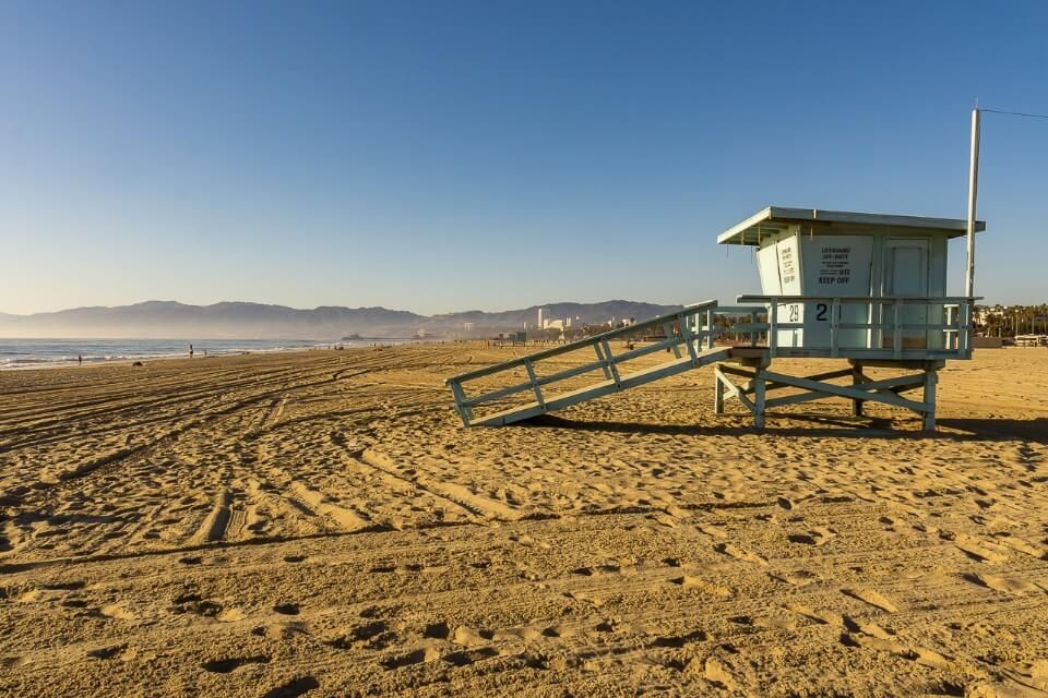 Santa Monica and Venice beaches in los angeles california life guard hut famous images from usa