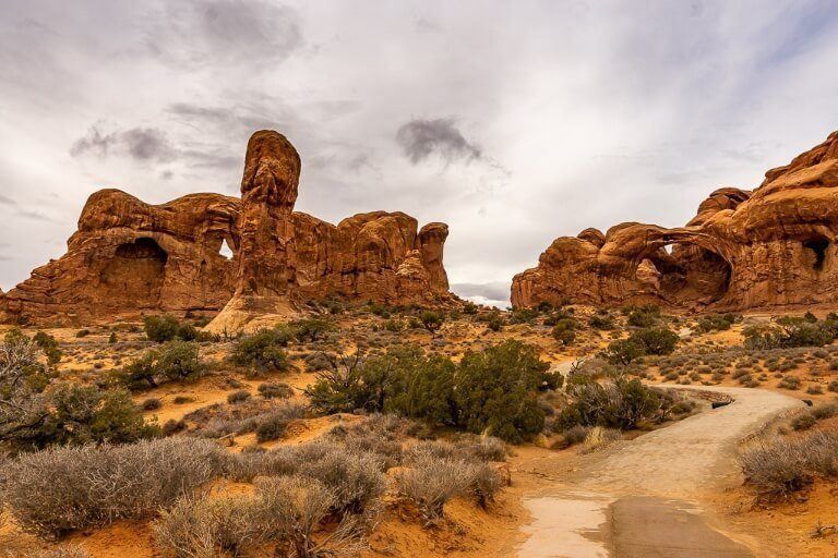 Double Arch and cove of caves labyrinthine arched sandstone formations at arches national park in utah