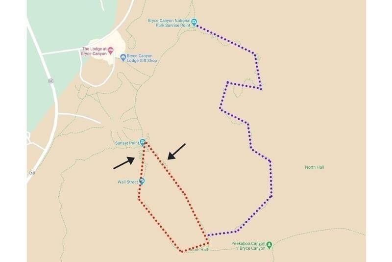 Map of Queen's Garden Navajo Loop Trail Best Hike at Bryce Canyon National Park Red Circle Navajo Loop Purple Line Queen's Garden Black Arrows Steep Switchbacks