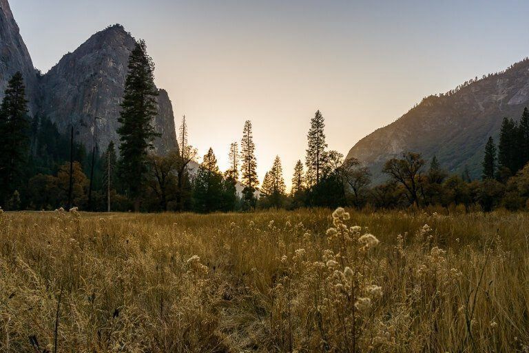 Yellow glow at sunset in yosemite national park with meadows and granite domes amazing photography location