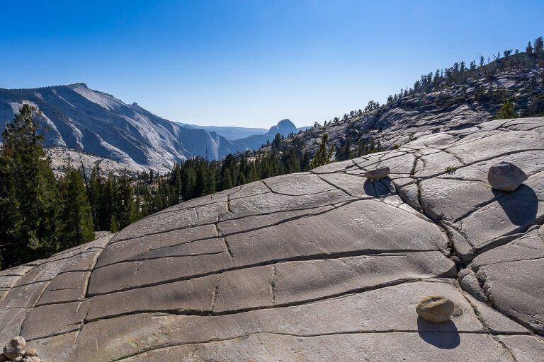 Olmsted Point smooth flat granite rock surface with giant cracks