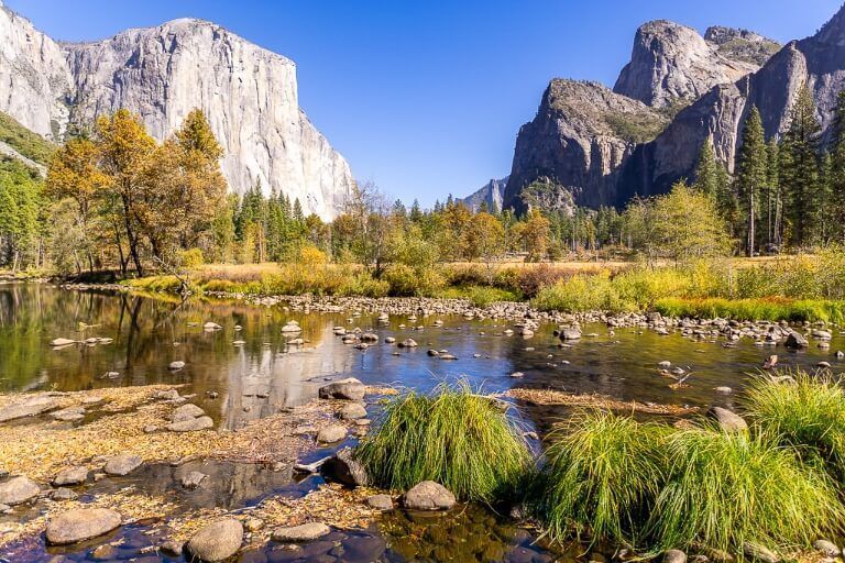 Valley view of Yosemite valley and el capitan bright sun reflecting off granite walls