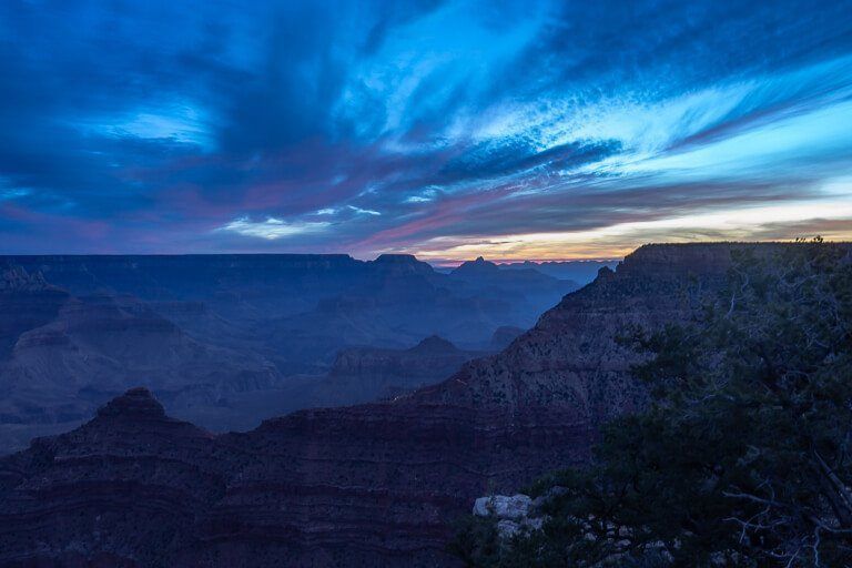 Deep blue colors in the sky along South Rim Arizona