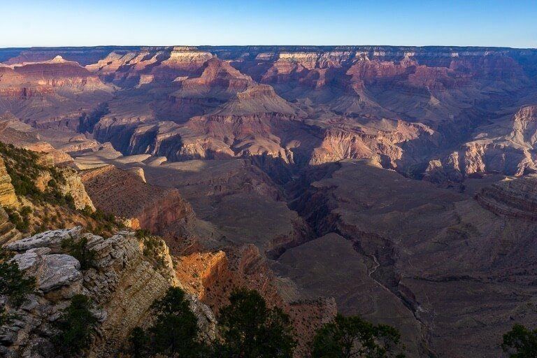 Yavapai Point looking West at the Grand Canyon with amazing scars in the earth at sunrise and also a good place to watch sunset later in the day