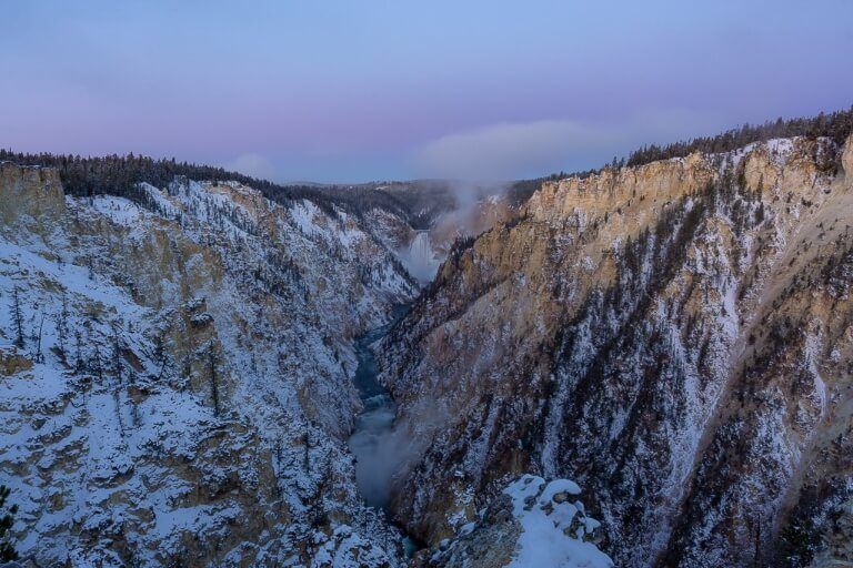 Yellowstone Falls in grand canyon of the yellowstone at sunrise in on a road trip from salt lake city and grand teton