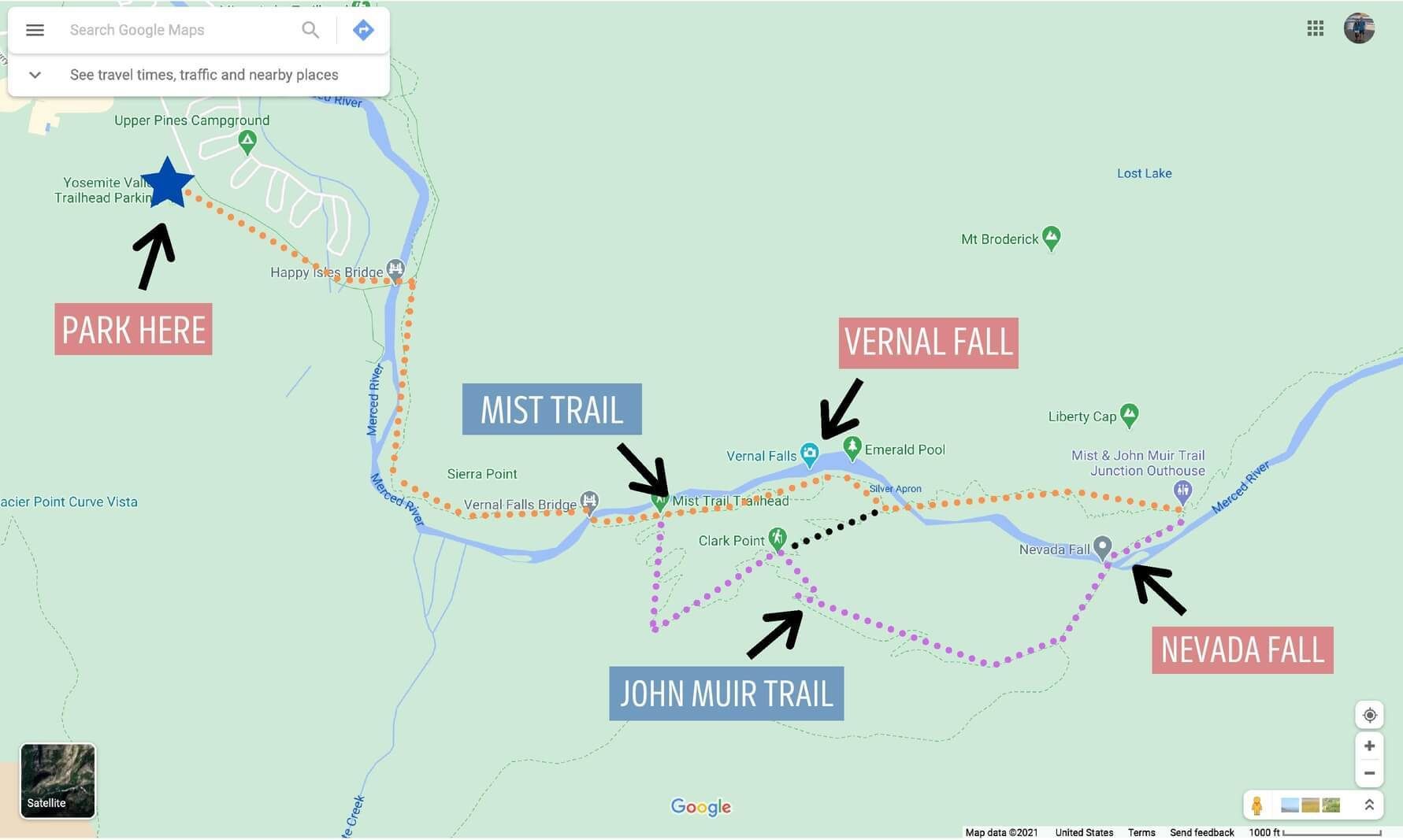 Yosemite Mist and john muir loop trail map showing directions passing vernal fall and nevada fall with parking