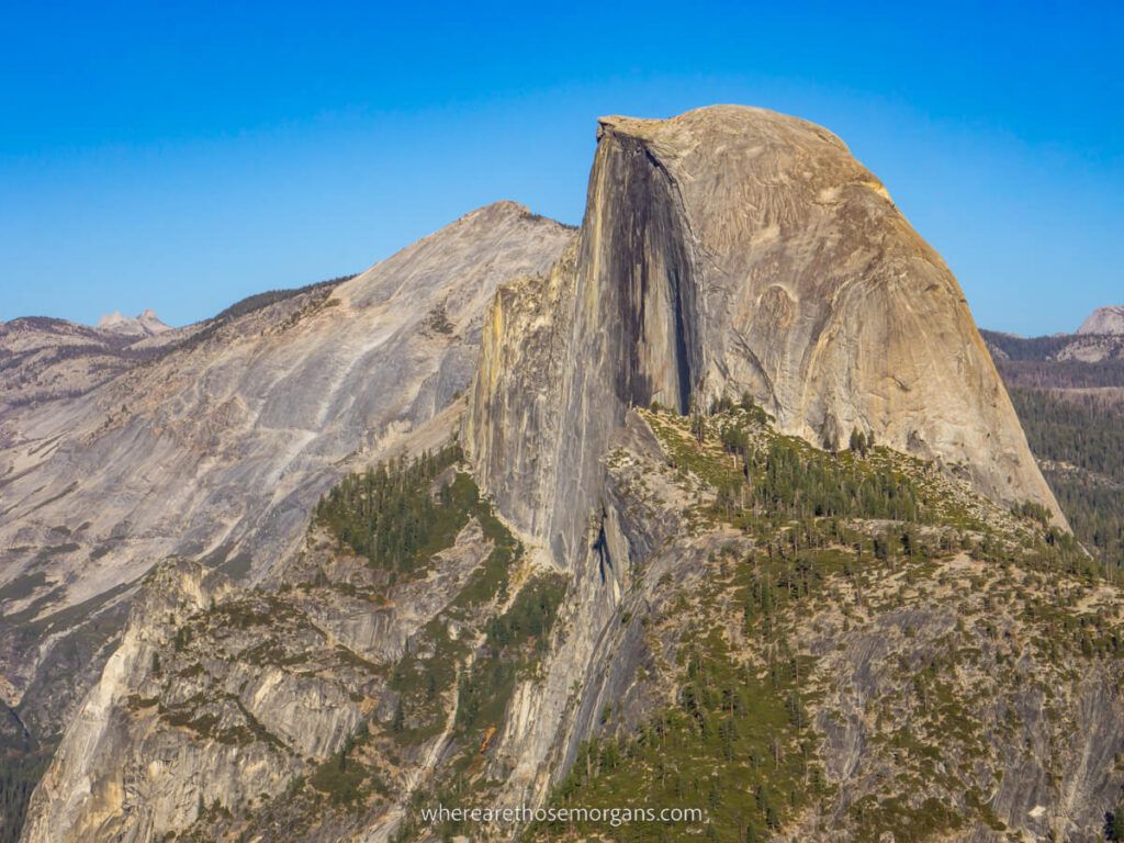 Half Dome granite formation from Glacier Point on a bright sunny day
