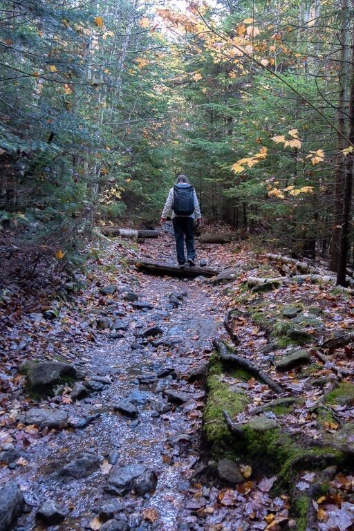 Woman walking on trail along rocks and boulders in lake placid new york