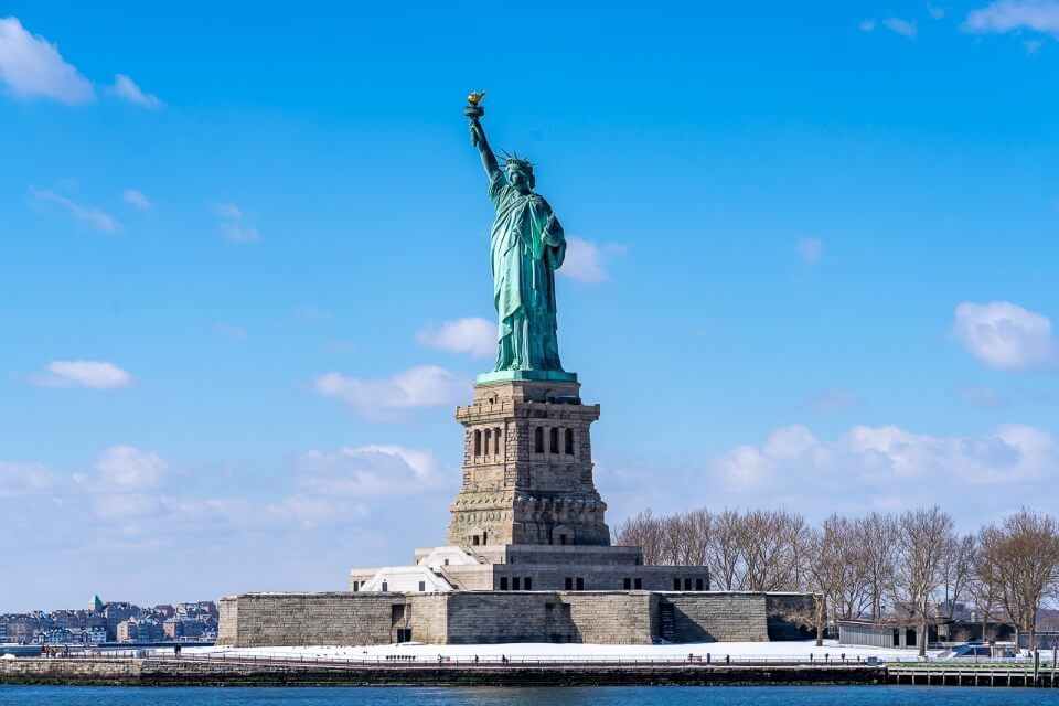 Famous new york city landmark from the River Hudson and clear sky