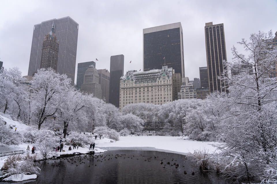 Plaza hotel and NYC skyline from Gapstow Bridge in southeast central park in winter