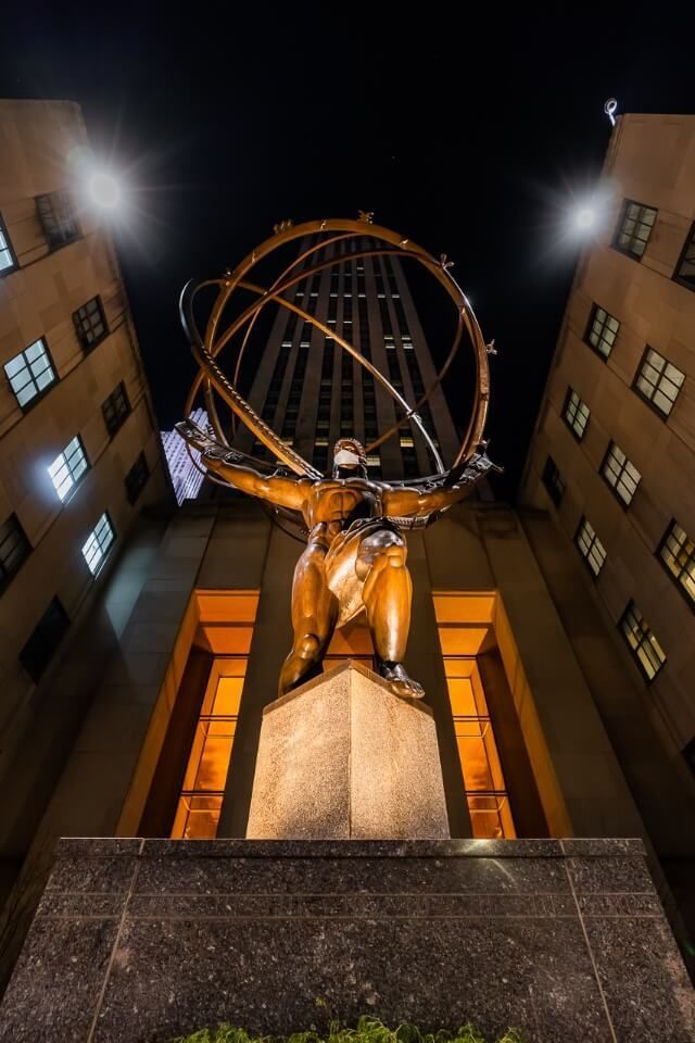 Atlas holding the world on his shoulders outside rockefeller center at night is a great shot to take