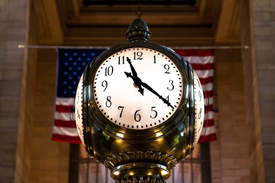 Grand Central clock with american flag behind iconic nyc photography location