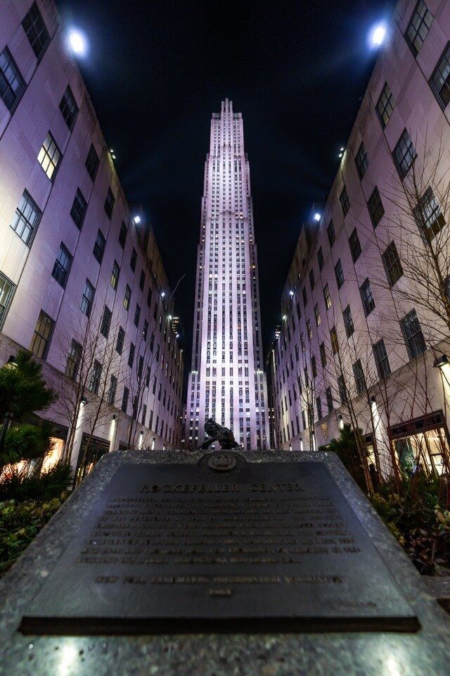 Rockefeller center in new york city wide angle shot to capture the entire building at night