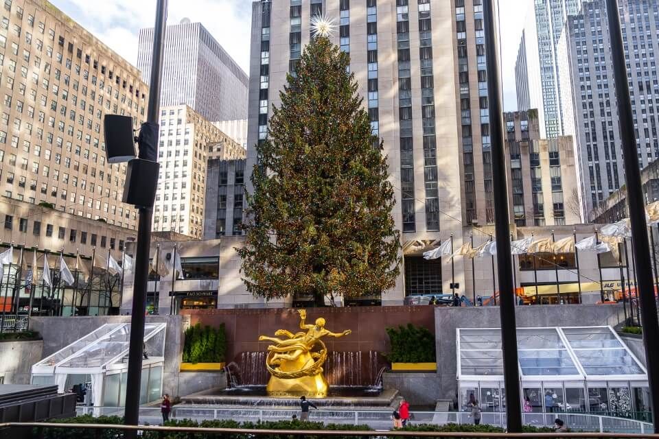 Rockefeller christmas tree in front of rockefeller center in middle of day