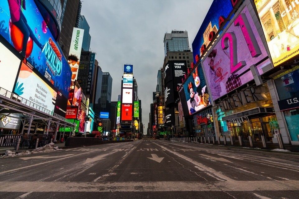 Times square in new york city completely empty with no cars or people at dawn amazing nyc photography