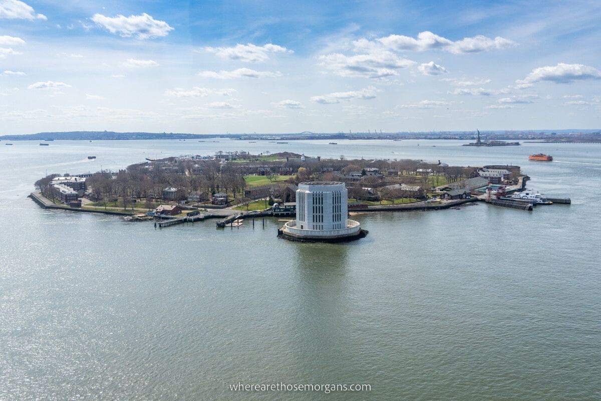 Governors Island in new york bay from helicopter