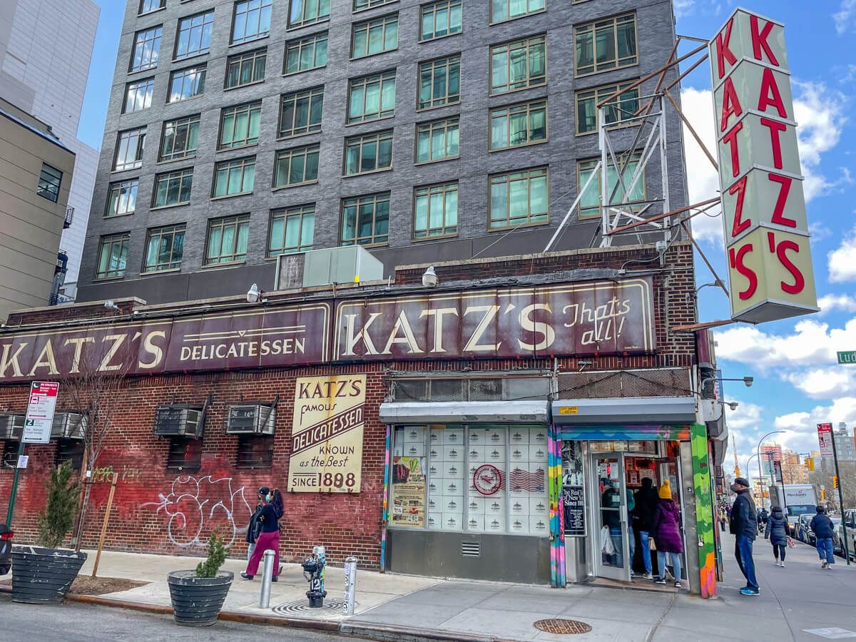 Katz's Delicatessen popular place for lunch in lower east side new york city building exterior with sign