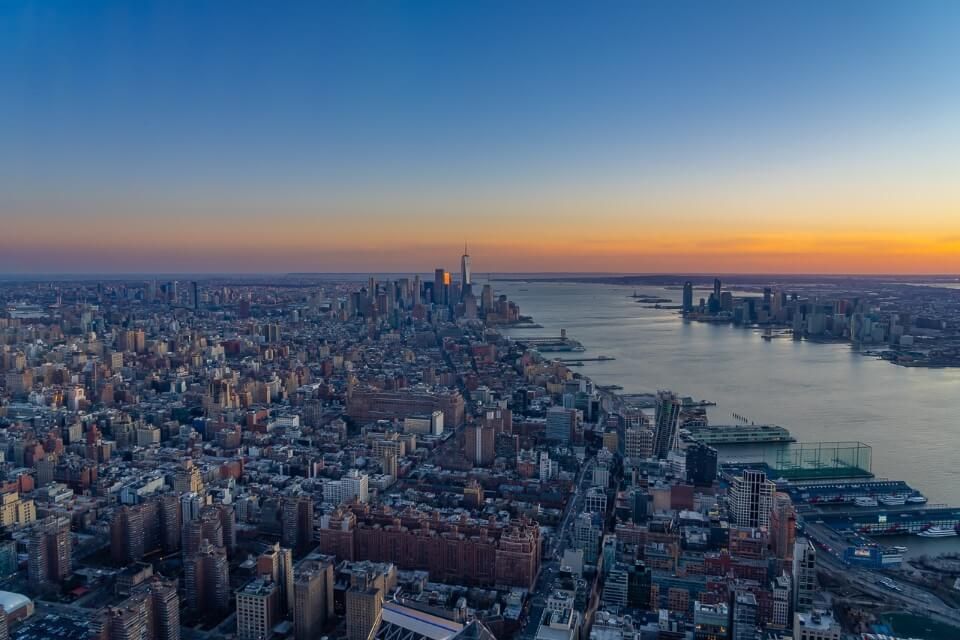 Spectacular sunset views over NYC from Edge sky deck observation platform during golden hour