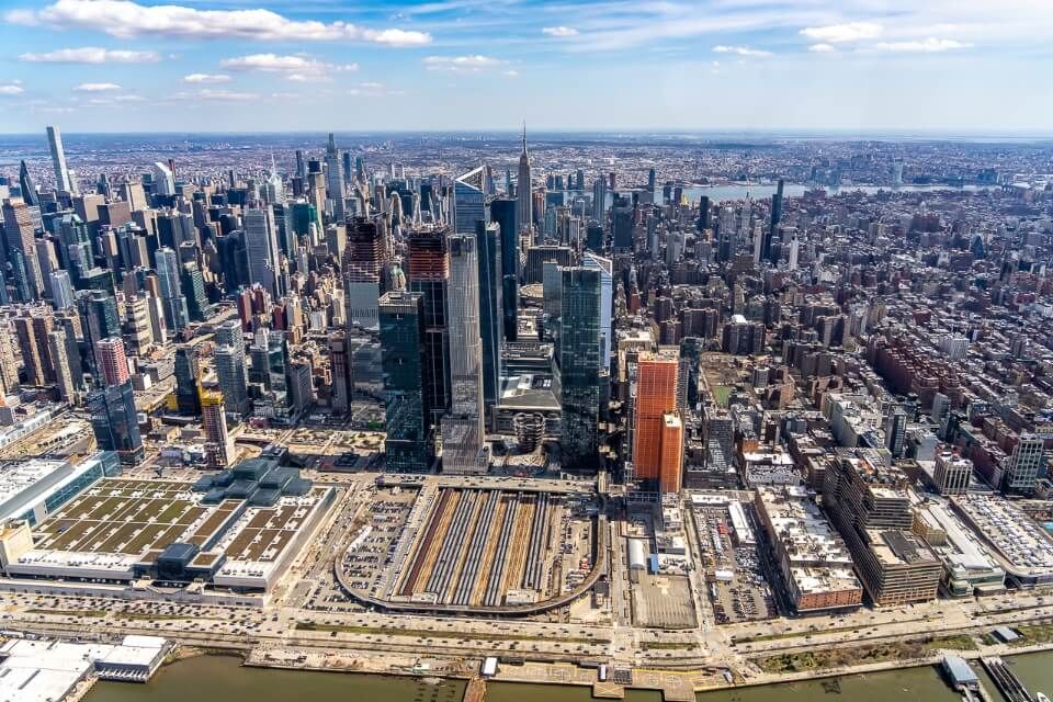 Edge Hudson Yards Midtown Manhattan Central Park from above in a chopper