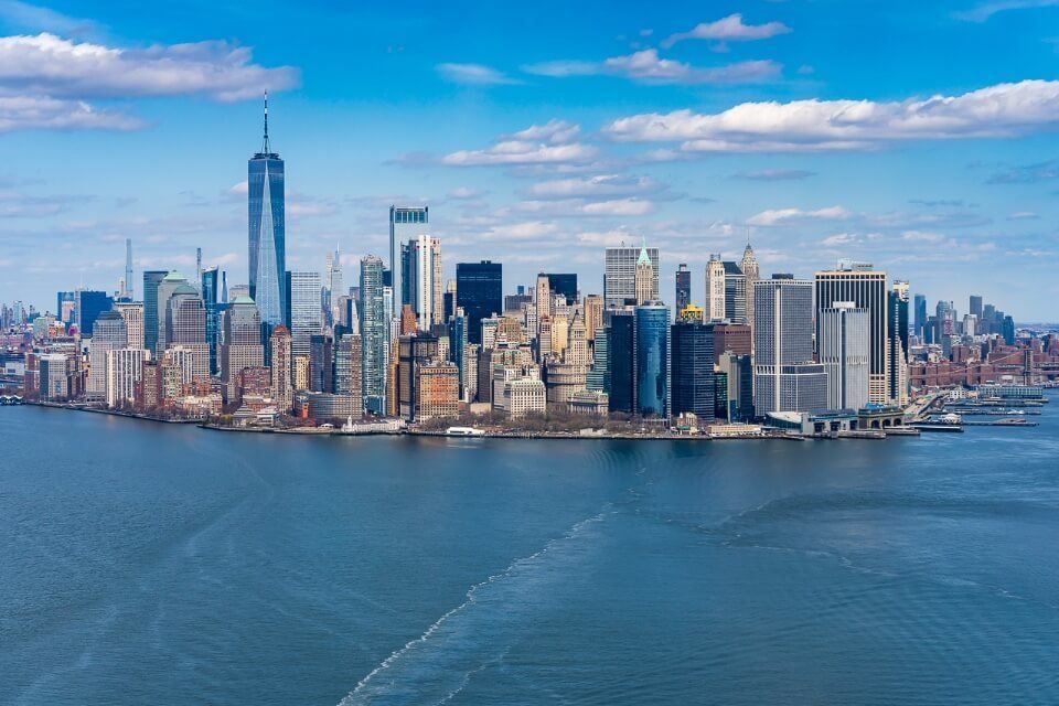 Downtown Manhattan seen from above and out in the bay
