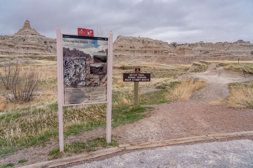 Hiking information board at the start of a hike in south dakota