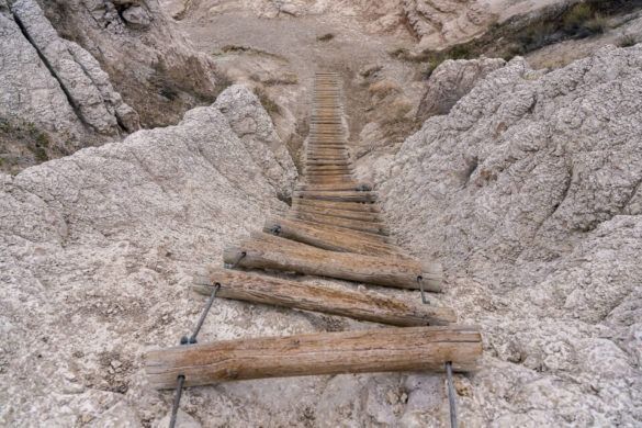 Empty wooden ladder on a rock face Notch Trail Badlands national park best hike where are those morgans