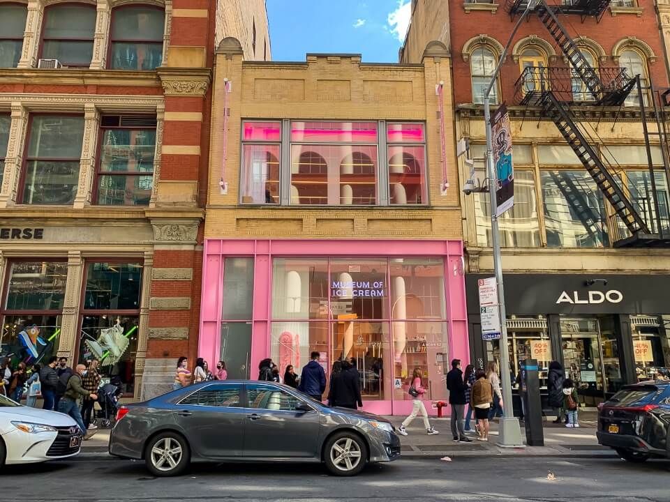 Museum of ice cream in soho colorful exterior and long line to get in