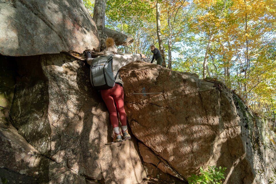 Woman climbing boulder with iron rung ladder in a forest