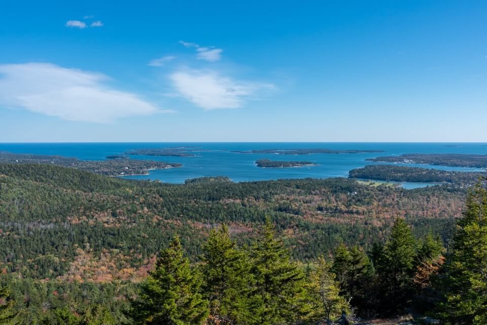 View over lakes ocean and trees from Gorham Mountain