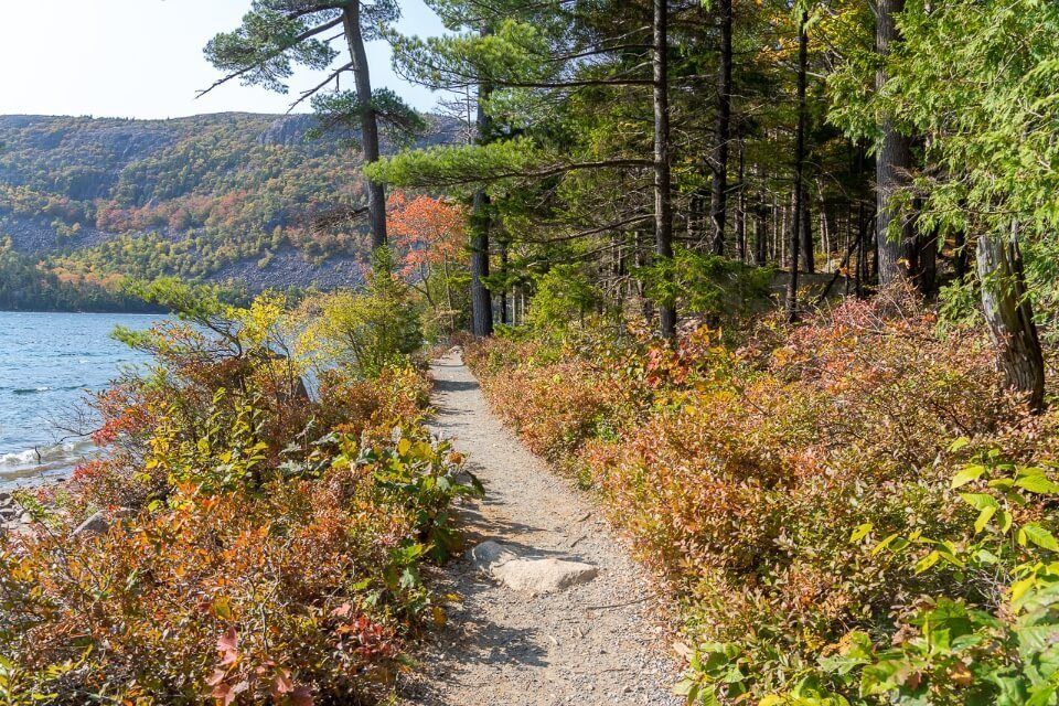 Stunning path alongside Jordan Pond colorful trees