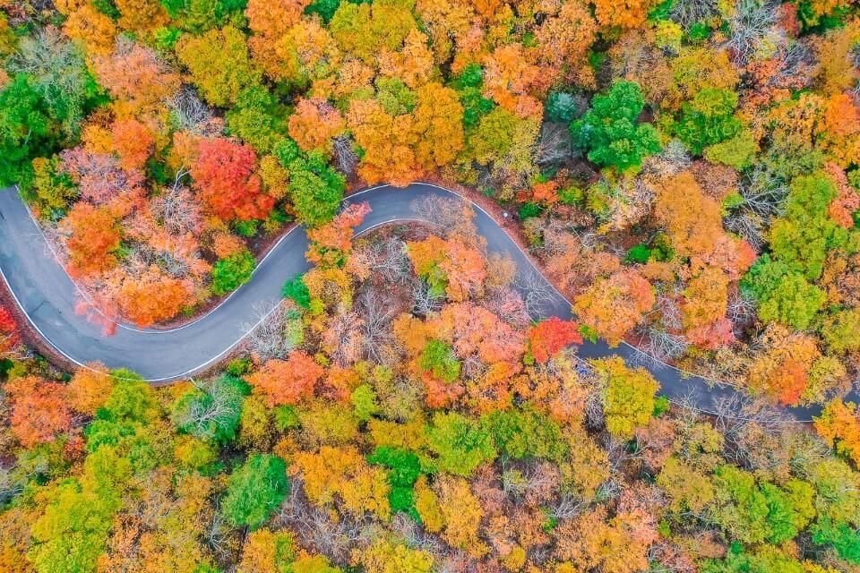 Drone shot of smugglers notch in vermont road snaking through colorful fall trees road trip planner destinations and routes