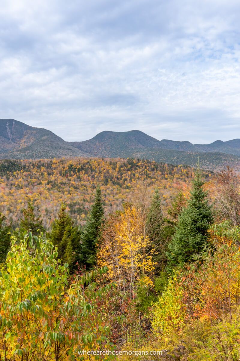 Viewpoint overlooking White Mountain National Forest in New Hampshire with rolling hills and forest covered in fall colors