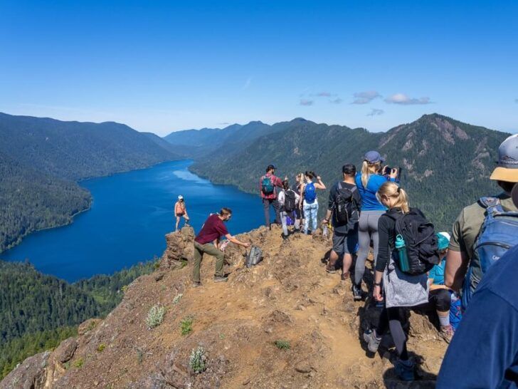 Best things to bring on a day hike backpacks layers sun protection various hikers at the summit of Mount Storm King in Olympic National Park Washington