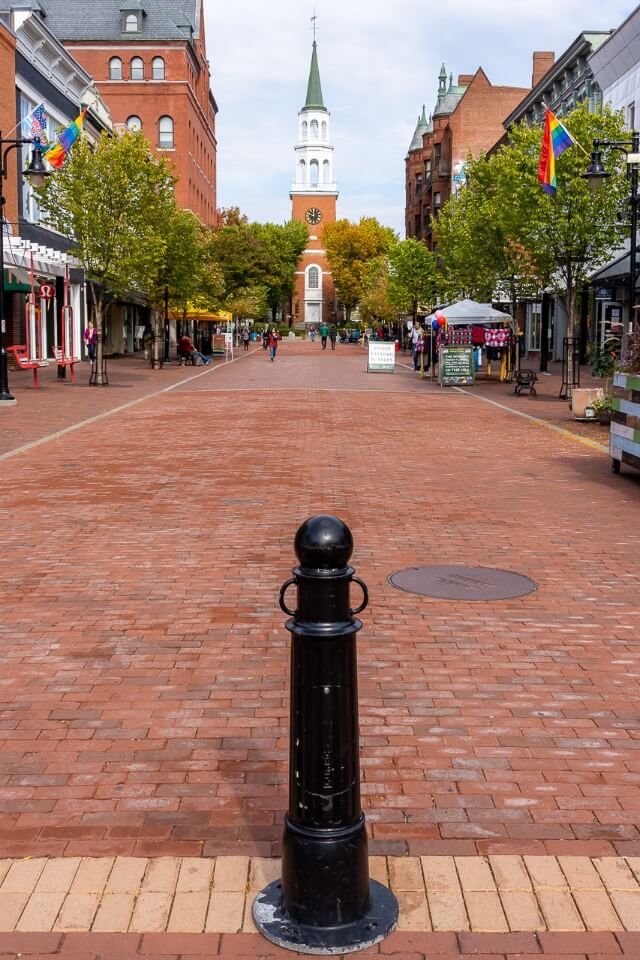 Full length of Church Street with bollard in front for perspective best things to do in Burlington VT