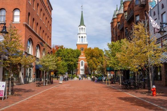Church Street is one of the best things to do in Burlington VT walk down the famous street filled with shops and restaurants with stunning church at the end
