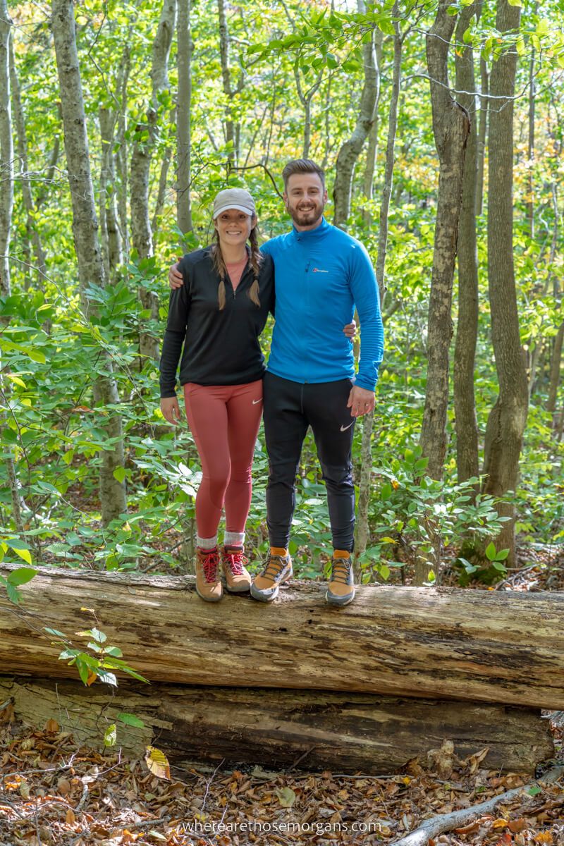 Hikers stood on a log inside a forest full of green leaves