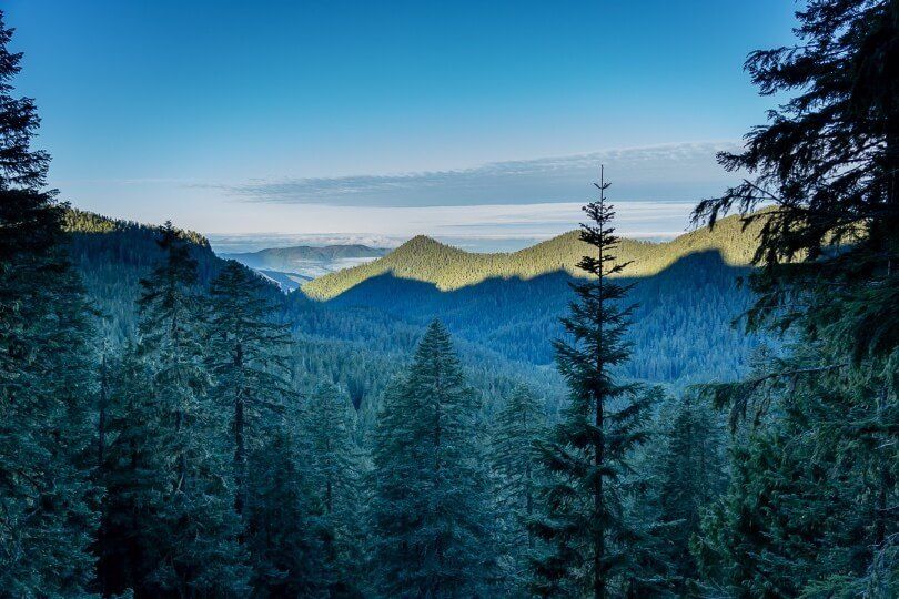 Valley views at dawn with huge shadows cast over forest